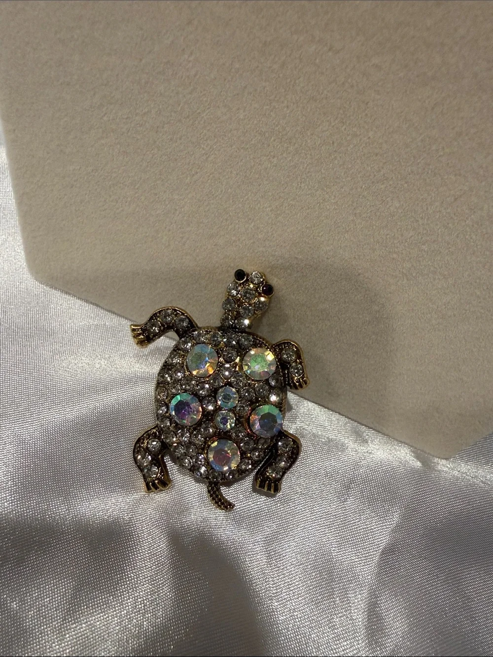 Crystal Turtle Brooch Pin - Gold Tone with Iridescent Stones